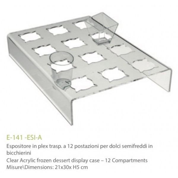 Espositore in plexiglass trasparente basso 12 posti per alimenti in bicchierini - cm. 21x30x H5 