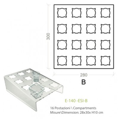 Espositore in plexiglass trasparente declinato 16 posti per alimenti in bicchierini - cm. 28x30x H10 