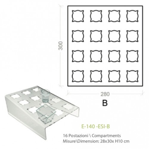 Espositore in plexiglass trasparente declinato 16 posti per alimenti in bicchierini - cm. 28x30x H10 