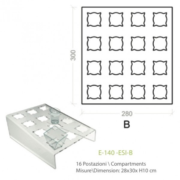Espositore in plexiglass trasparente declinato 16 posti per alimenti in bicchierini - cm. 28x30x H10 