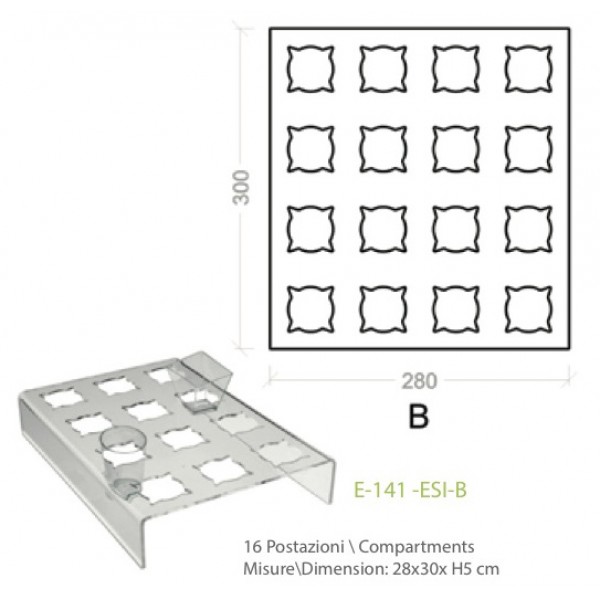 Espositore in plexiglass trasparente basso 16 posti per alimenti in bicchierini - cm. 28x30x H5 