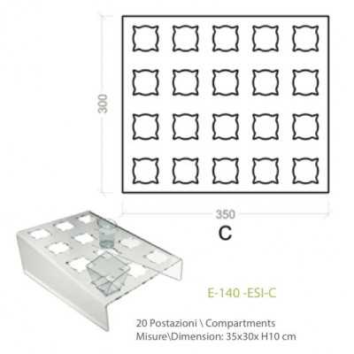 Espositore in plexiglass trasparente declinato 20 posti per alimenti in bicchierini - cm. 35x30x H10 