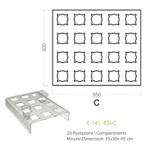 Espositore in plexiglass trasparente basso 20 posti per alimenti in bicchierini - cm. 35x30x H5 