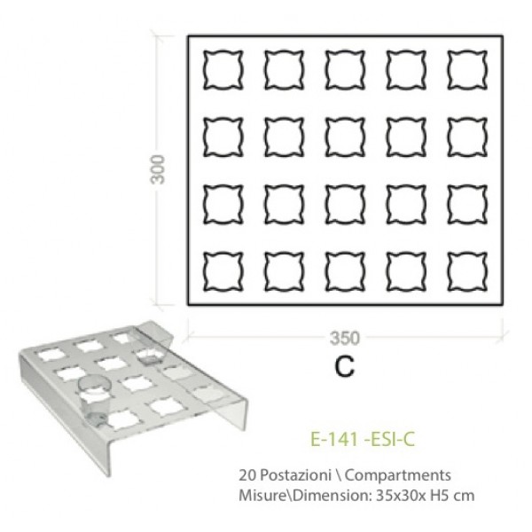 Espositore in plexiglass trasparente basso 20 posti per alimenti in bicchierini - cm. 35x30x H5 