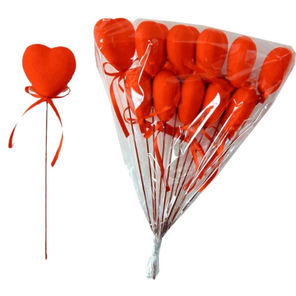 Pick cuore rosso cm.4,5 alto cm.35 con nastro - Pezzi 12