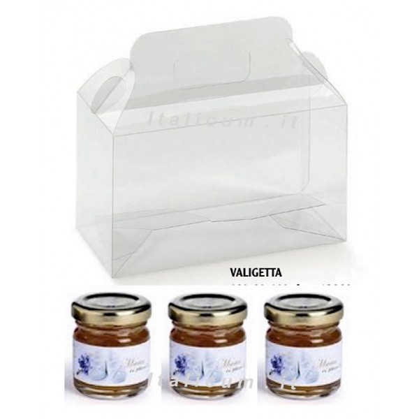 Scatole portavasetti 250 gr. 3 posti trasparenti a VALIGETTA in PVC con manico mm.190x60x90 - Pz.10
