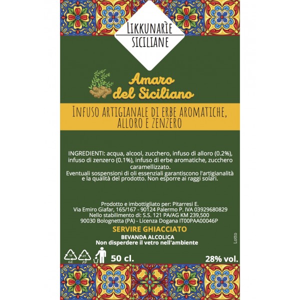 Amaro artigianale siciliano alle erbe aromatiche, alloro e zenzero - 50 cl. 28%