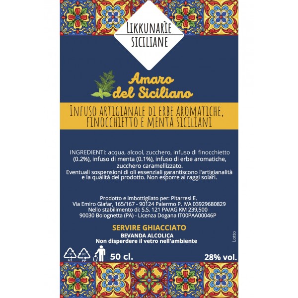 Amaro siciliano artigianale alle erbe aromatiche, finocchietto e menta - 50 cl. 28%