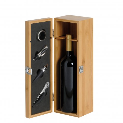 Cassetta legno bamboo 1 bottiglia con 4 accessori