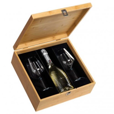 Cassetta legno bamboo 1 bottiglia con 2 calici vetro
