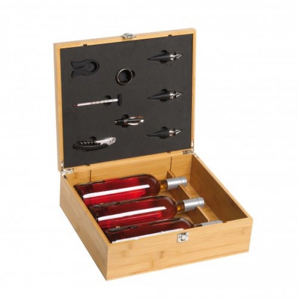 Cassetta 3 bottiglie legno bamboo con 8 accessori vino