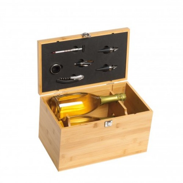 Cassetta legno bamboo 4 bottiglie vino con 6 accessori 