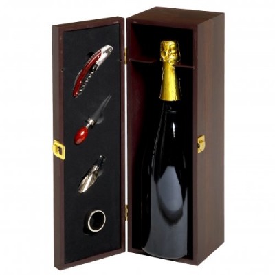 Cassetta 1 bottiglia magnum 1,5 litri legno marrone con 4 accessori 