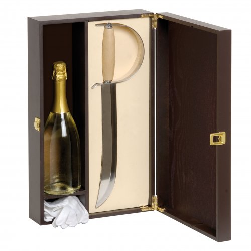 Sciabola champagne con guanti e cassetta legno 1 bottiglia