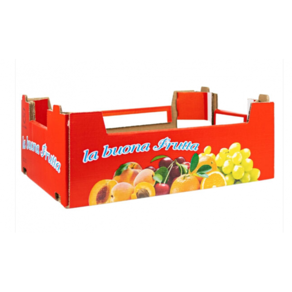 Cassetta frutta in cartone rosso "La buona frutta" cm.40x30x14 - Pedana 190 pezzi. 