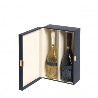 Cassetta legno 2 bottiglie pelle blu