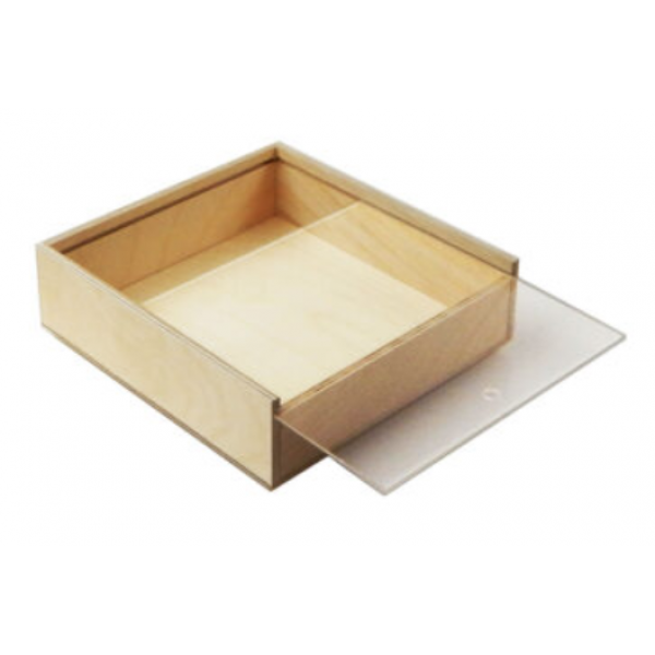 Scatola legno con coperchio scorrevole trasparente cm.19 x 18,2 x 4