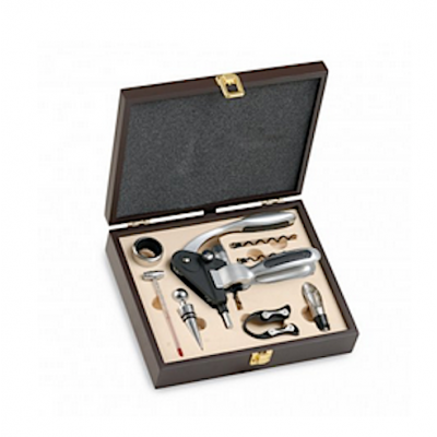 Cavatappi a leva set completo 6 pezzi in bauletto legno marrone