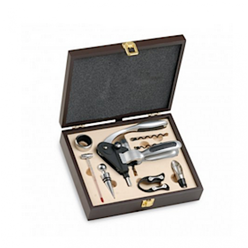 Cavatappi a leva set completo 6 pezzi in bauletto legno marrone