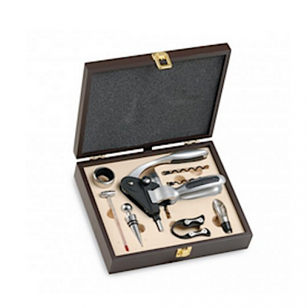 Cavatappi a leva set completo 6 pezzi in bauletto legno marrone