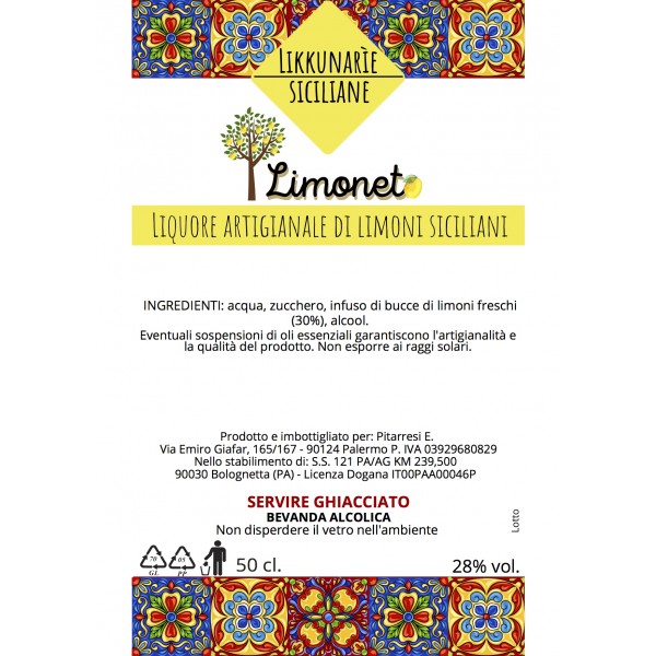 Liquore ai limoni siciliano artigianale - 50 cl. 28% Vol.