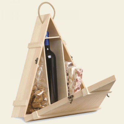 CASSETTA TRIANGOLARE IN LEGNO PER BOTTIGLIA E ALIMENTI