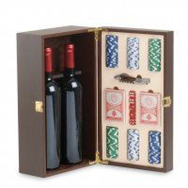Bauletto legno porta 2 bottiglie con set poker