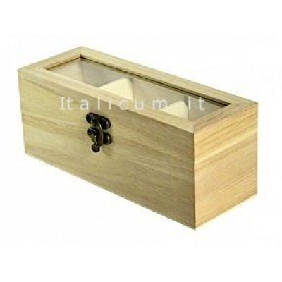 Cassetta in legno di balsa con coperchio trasparente e 3 scomparti cm.21x7,3 h.7,5