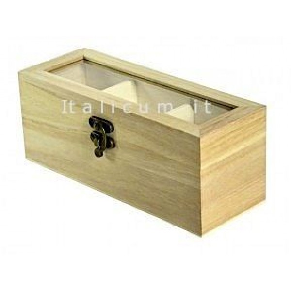 Cassetta in legno di balsa con coperchio trasparente e 3 scomparti cm.21x7,3 h.7,5