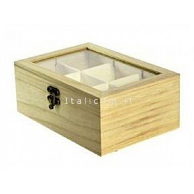 Cassetta in legno di balsa con coperchio trasparente e 6 scomparti cm.21,5x14 h.7,5