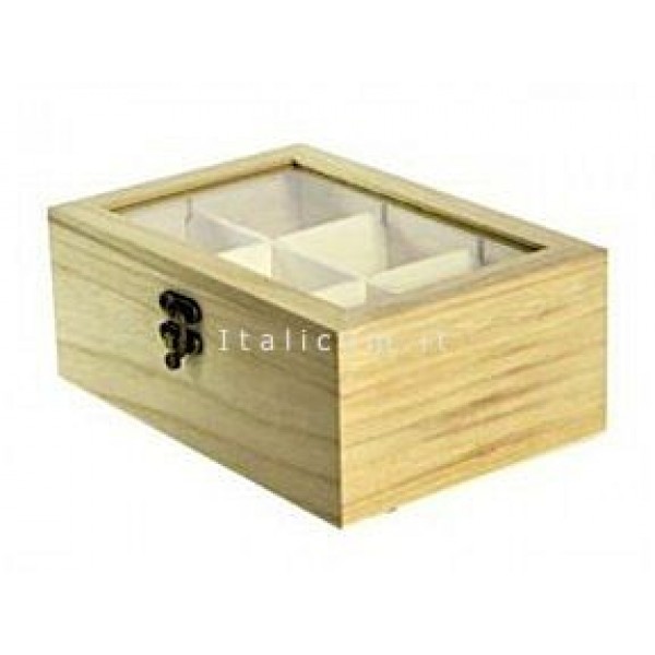 Cassetta in legno di balsa con coperchio trasparente e 6 scomparti cm.21,5x14 h.7,5
