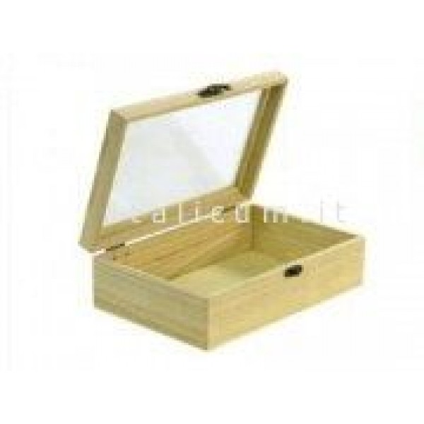 Cassetta in legno di balsa con coperchio trasparente e chiusura in metallo cm.29,5x18,5 h.8,5
