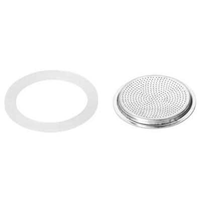 Ricambi per caffettiera 3 tazze confezione blister 1 filtro + 2 guarnizioni in silicone 