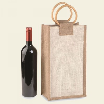 BORSA PORTABOTTIGLIA 2 POSTI IN JUTA CON MANICI IN BAMBU' - Pz.10