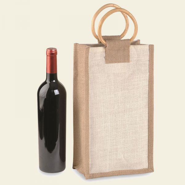 BORSA PORTABOTTIGLIA 2 POSTI IN JUTA CON MANICI IN BAMBU' - Pz.10