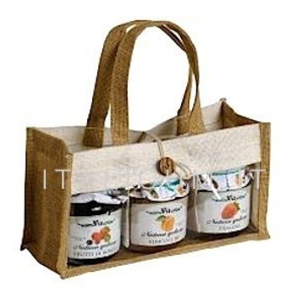 PORTAVASETTI JUTA 3 VASETTI  250 gr. con Laccio di chiusura e manici mm.230x75x130 - Pz.5