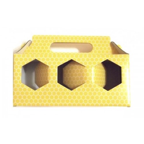 SCATOLE PORTAVASETTI MIELE da 250 gr. forate 3 posti cartoncino decorato alveare giallo mm.210x70x93 - 100 Pz. 