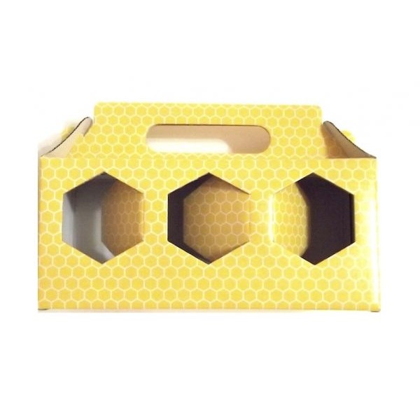 SCATOLE PORTAVASETTI MIELE da 500 gr. forate 3 posti cartoncino decorato alveare giallo mm.245x80x125  - 80 pezzi