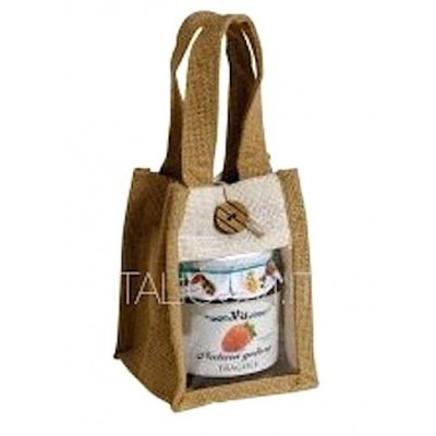 PORTAVASETTI JUTA 1 VASETTO  250 gr. Laccio di chiusura e manici mm.75x75x130 - Pz.24 Sconto 10%