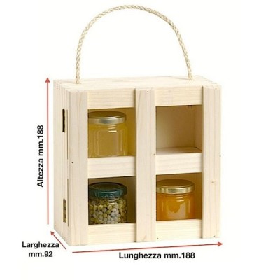 Porta vasetti 4 posti in legno massello di pino con manico in corda - Pz.10 Sconto 10%