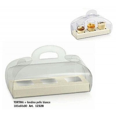 Scatole trasparenti per pasticceria TORTINA mm.185x60x80 con fondo 3 posti bianco - Pz.100 Sc.10%