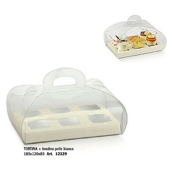 Scatole trasparenti per pasticceria TORTINA mm.185x120x80 con fondo 6 posti bianco - Pz.50 Sc.10%