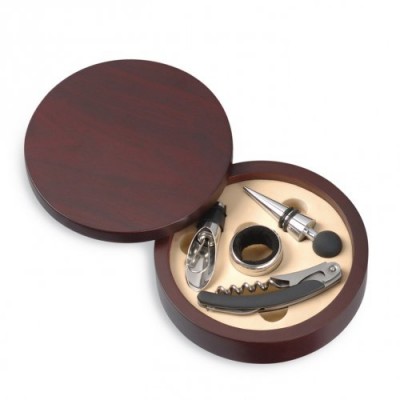 Set da vino 4 accessori in cassetta legno rotonda