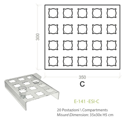 Aussteller in transparentem Plexiglas mit 20 Positionen für Kuchen in kleinen Gläsern - cm. 35 x 30