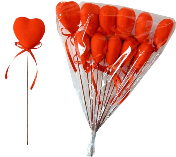 Pick cuore rosso cm.4,5 alto cm.35 con nastro - Pezzi 12