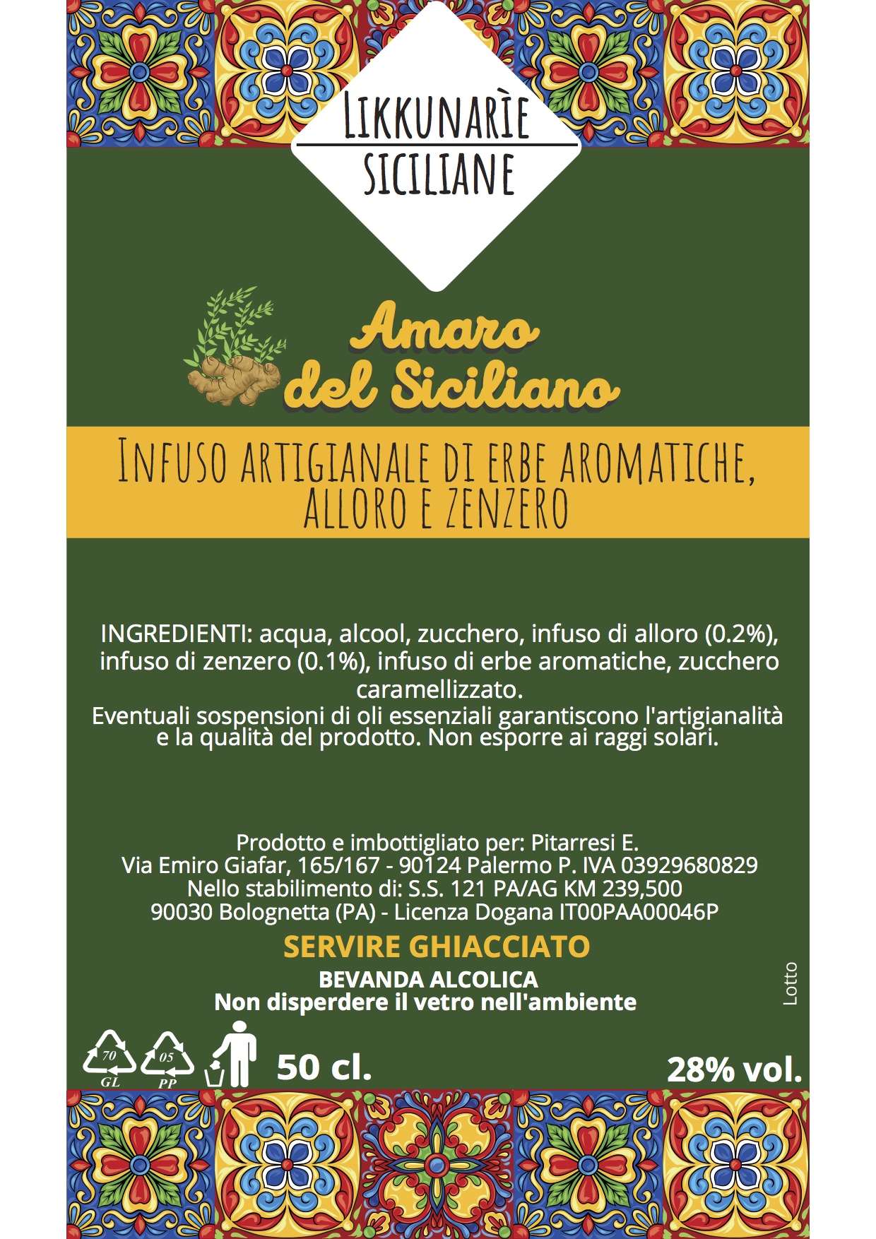 Sicilian artisan bitter with aromatic herbs, laurel and ginger - 50 cl. 28% 2
