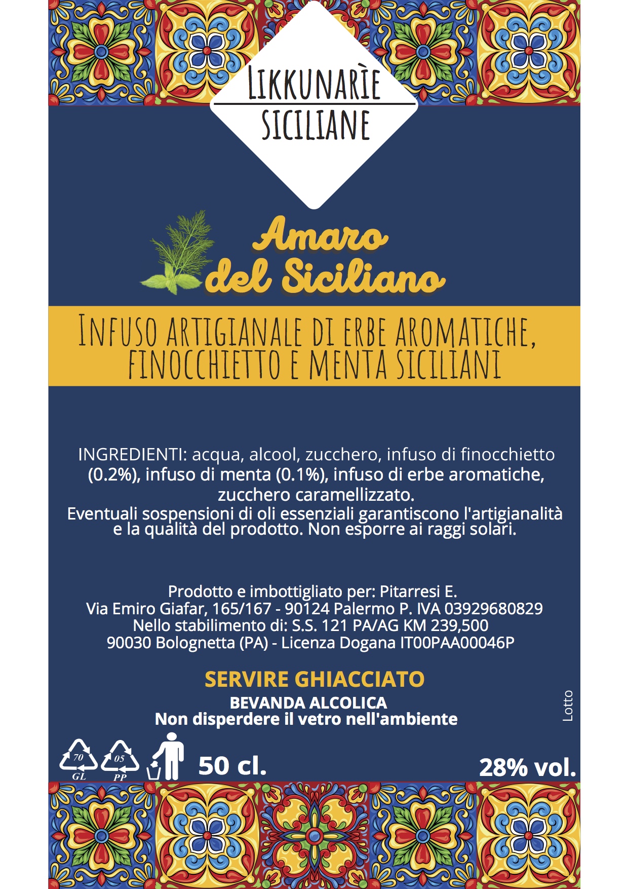 Sicilian artisan bitter with aromatic herbs, fennel and mint - 50 cl. 28% 2