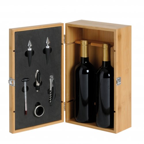 Weinkiste aus Bambusholz 2 Flaschen mit 6 Weinzubehör