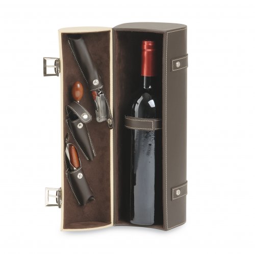 Box 1 Flasche aus zweifarbigem Haselnussleder mit 3 Accessoires