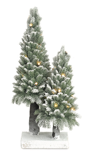 Schneebedeckte zwei Kiefern 18x51 cm mit LED-Lichtern